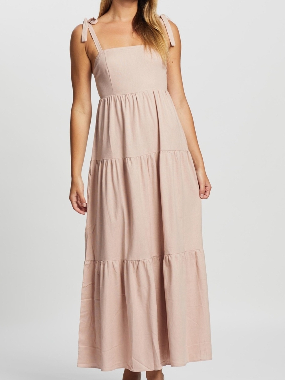 Sleeveless Tie-Shoulder Tiered Maxi Dress in Lavender A-Line Flowy
